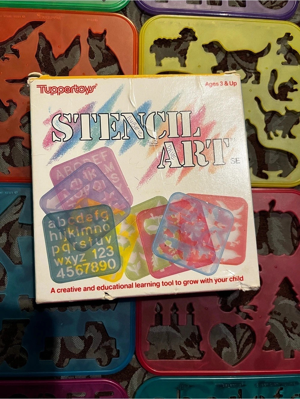 Tuppertoys Stencil Art Boxed Set of 8- Multicolor Learning Toy Vintage 1987